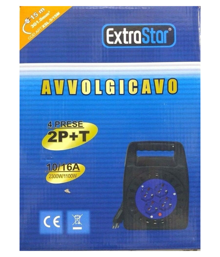 Avvolgicavo Elettrico Prolunga Corrente Avvolgi Cavo 15 Metri 4 Prese Schuko 2p         
