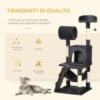 Albero per Gatti con Tiragraffi per Gatti, Casetta per Gatti, Amaca, Letto, Tunnel e Pallina, 48x48 x125 cm, Grigio Scuro