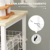 Mobile Cucina Moderno a 4 Ripiani con Cestino e Ganci in Legno e Acciaio, 90x40x84.5cm, Quercia e Bianco