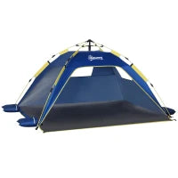 Tenda da Spiaggia Pop Up per 2 Persone con Finestre, in Fibra di Vetro e Poliestere, 220x173x120 cm, Blu Giallo