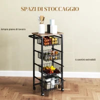Carrello da Cucina con 4 Cestini Estraibili, Ruote e Freni, Acciaio e Legno, 49.5x31x91 cm, Rovere