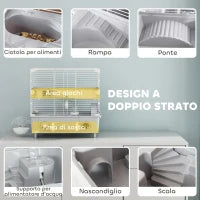 Gabbia per Criceti a 2 Livelli e 3 Porte con Ruota e Tubi, in Acciaio, PS e PP, 44.5x28x44 cm, Grigio e Bianco