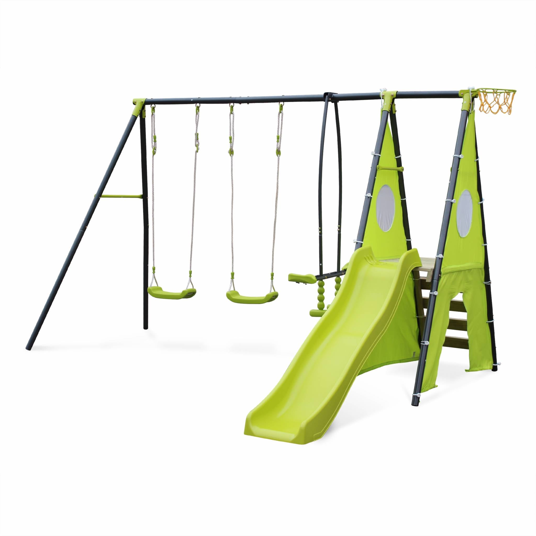 Altalena da giardino con scivolo e canestro, 6 posti, verde