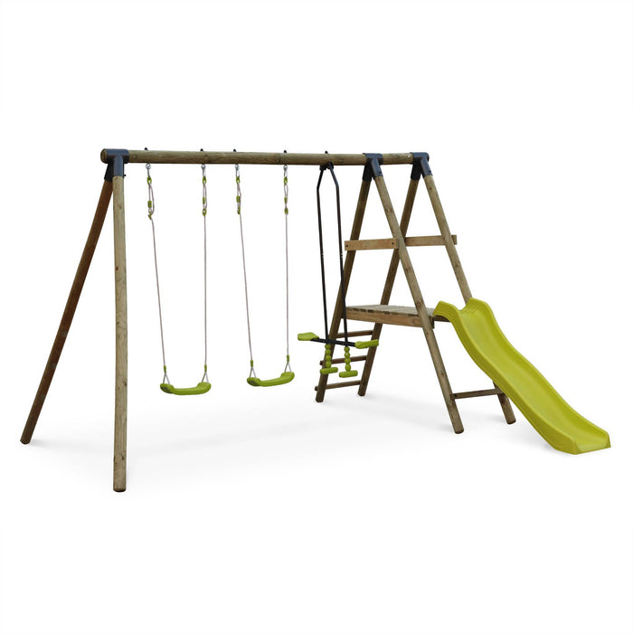 Parco giochi con scivolo, faccia a faccia e 2 altalene, verde