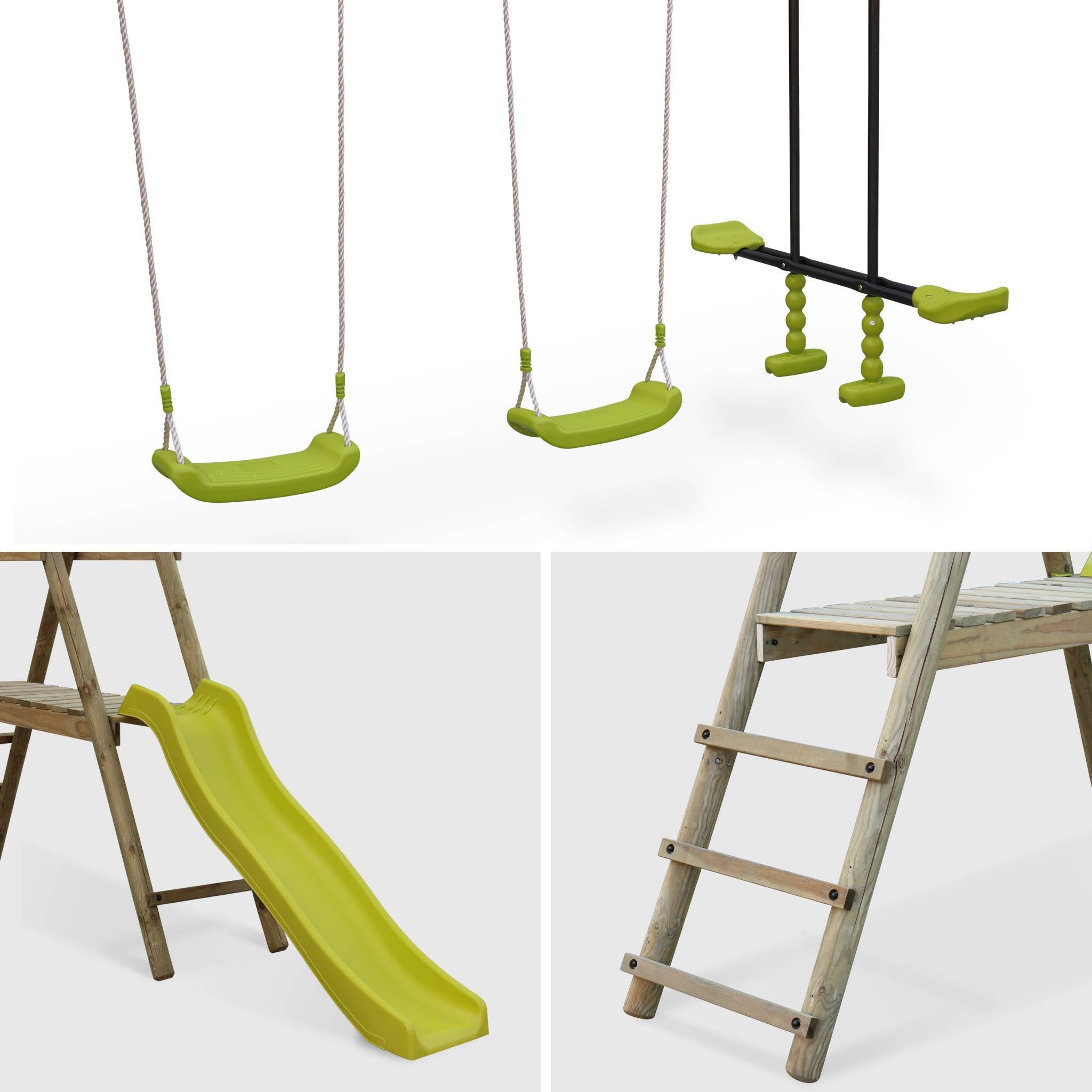Parco giochi con scivolo, faccia a faccia e 2 altalene, verde