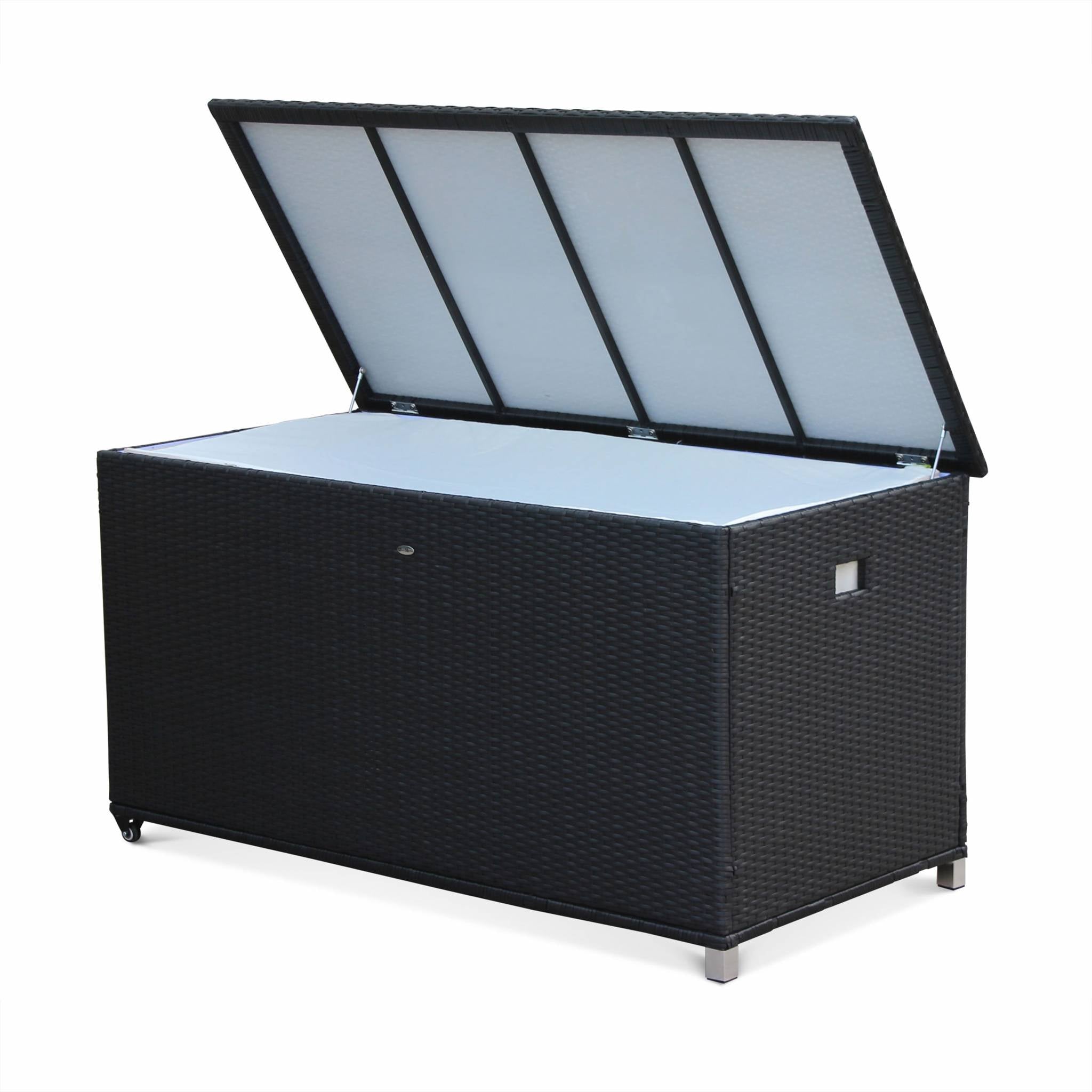 Baule da giardino in resina intrecciata con rotelle e fodera interna,