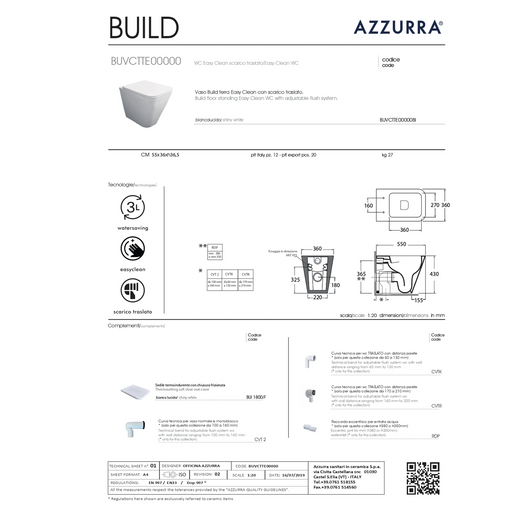 Wc a Terra Senza Brida Azzurra Ceramica "Build" Bianco Lucido