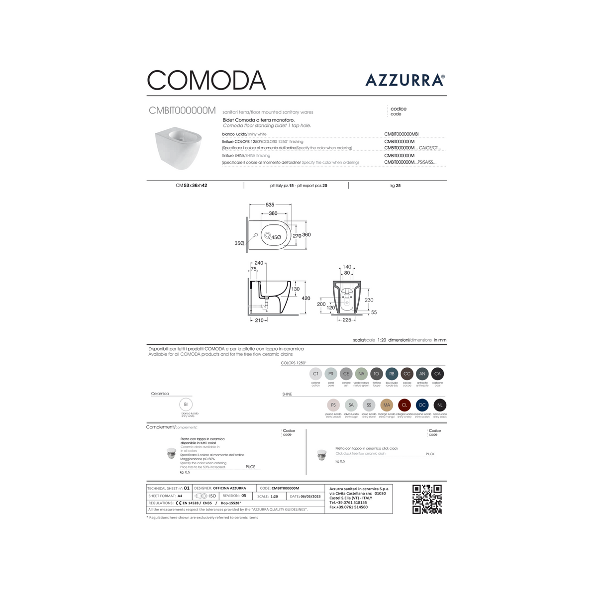 Coppia Di Sanitari Azzurra Ceramica Da Terra Filo Muro Senza Brida Bianco Opaco "Comoda"