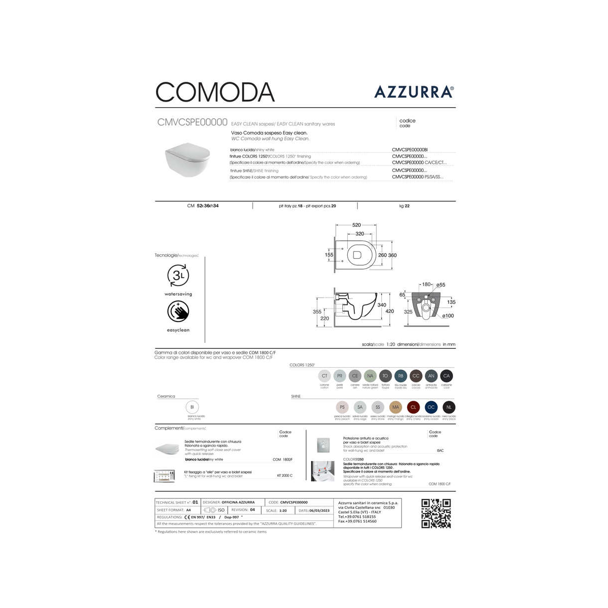 Coppia Di Sanitari Azzurra Ceramica Sospesi Senza Brida Bianco Lucido "Comoda"