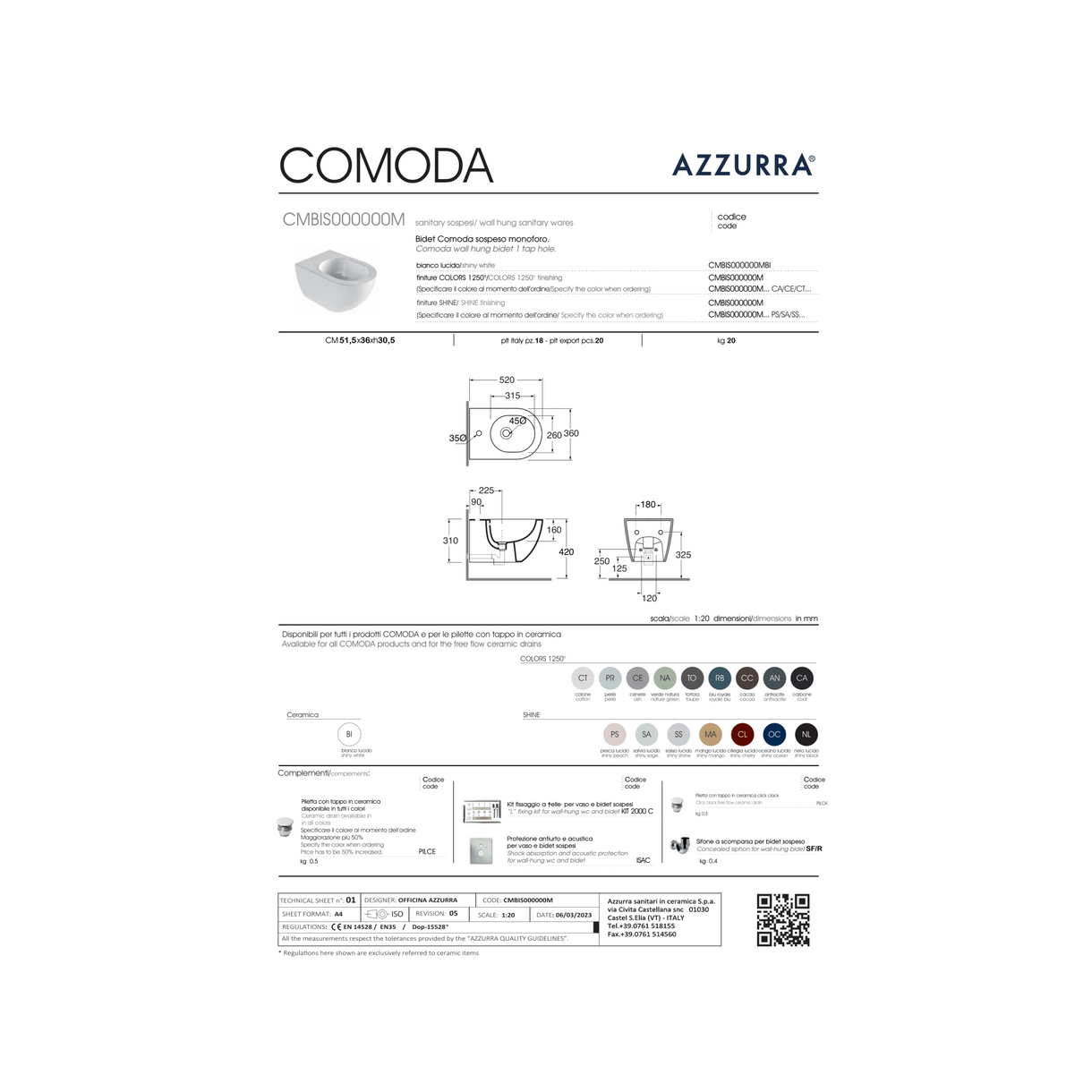 Coppia Di Sanitari Azzurra Ceramica Sospesi Senza Brida Bianco Lucido "Comoda"