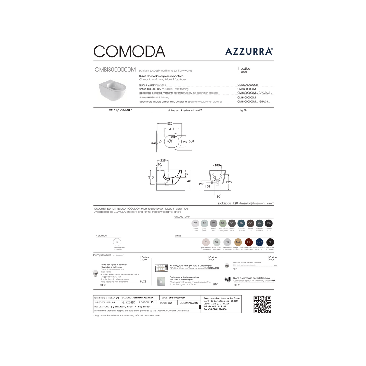 Azzurra Ceramica "Comoda" Coppia Di Sanitari Sospesi Bianco Opaco Senza Brida