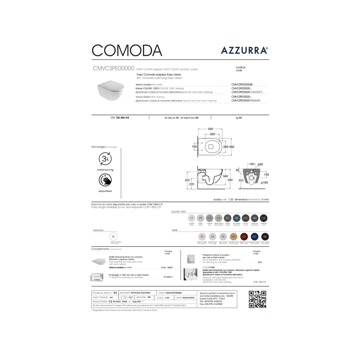 Azzurra Ceramica "Comoda" Coppia Di Sanitari Sospesi Bianco Opaco Senza Brida