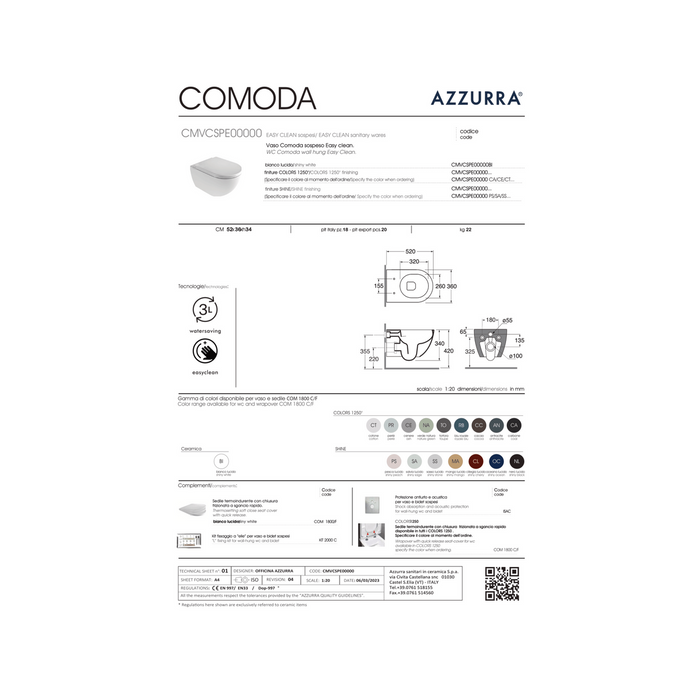 Azzurra Ceramica "Comoda" Coppia Di Sanitari Sospesi Bianco Opaco Senza Brida