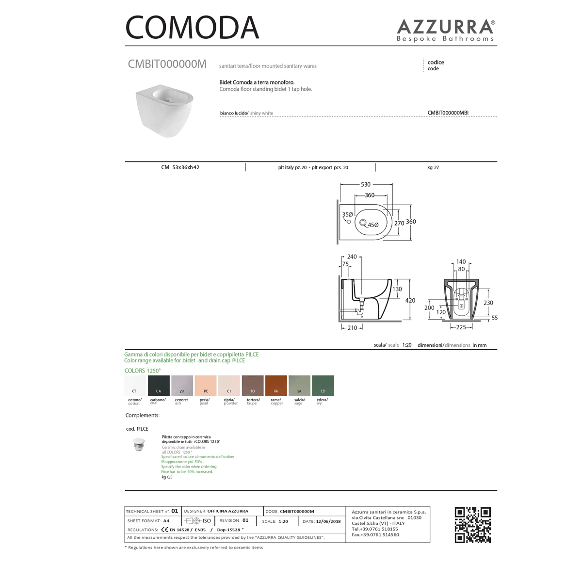 Coppia Di Sanitari Azzurra Ceramica Da Terra Filo Muro Senza Brida Bianco Lucido "Comoda"