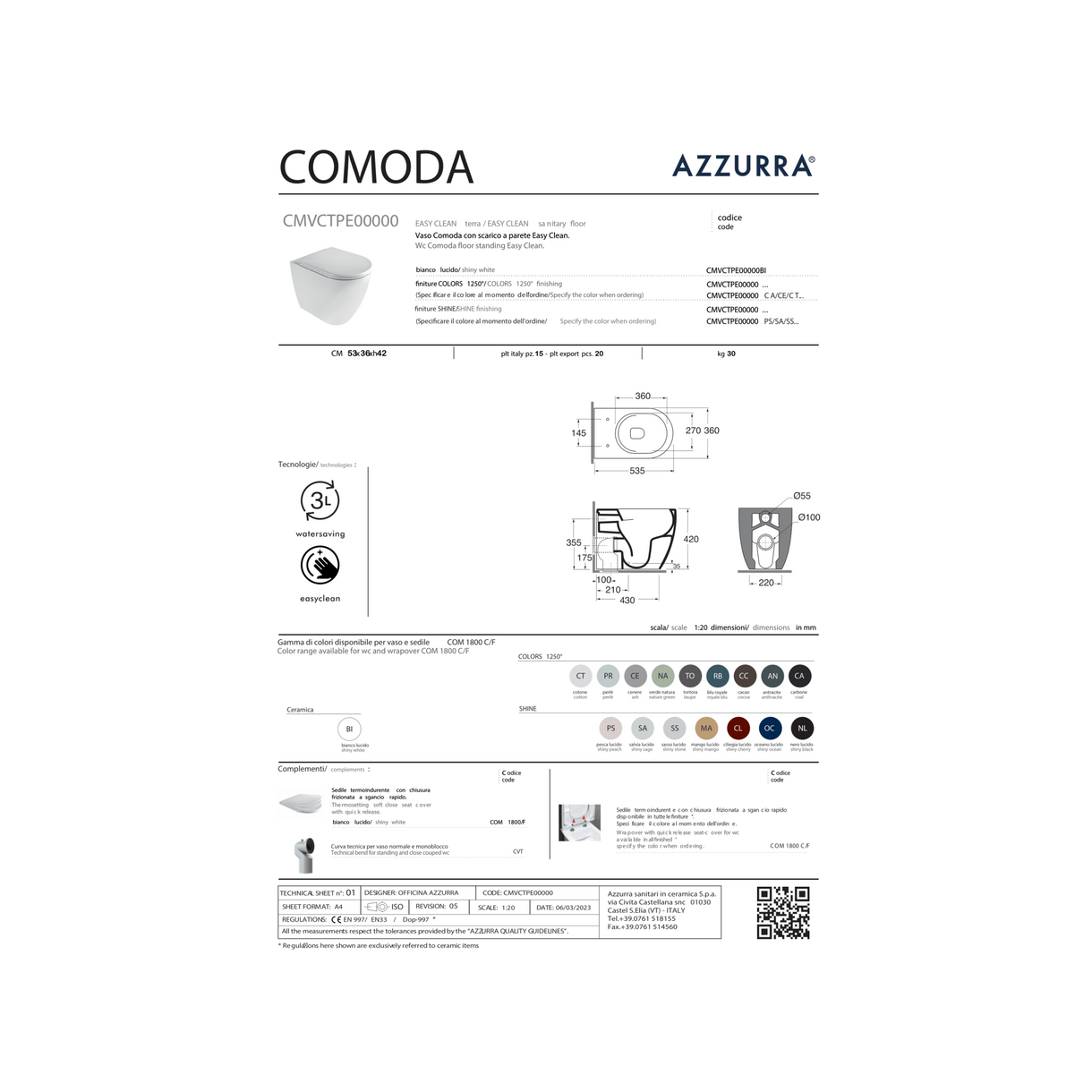 Wc a Terra Senza Brida Azzurra Ceramica "Comoda" Bianco Lucido