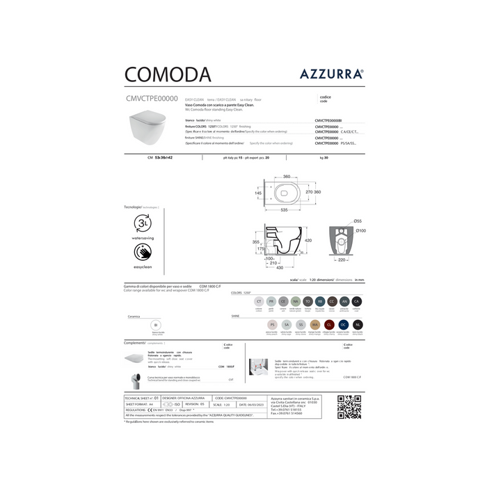 Wc a Terra Senza Brida Azzurra Ceramica "Comoda" Bianco Lucido