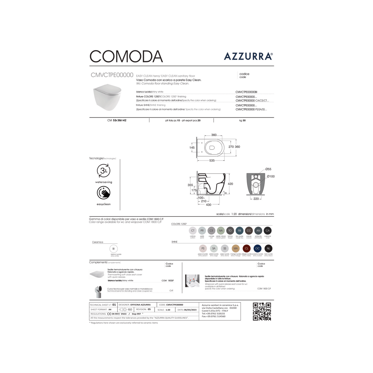 Wc a Terra Senza Brida Azzurra Ceramica "Comoda" Nero Opaco