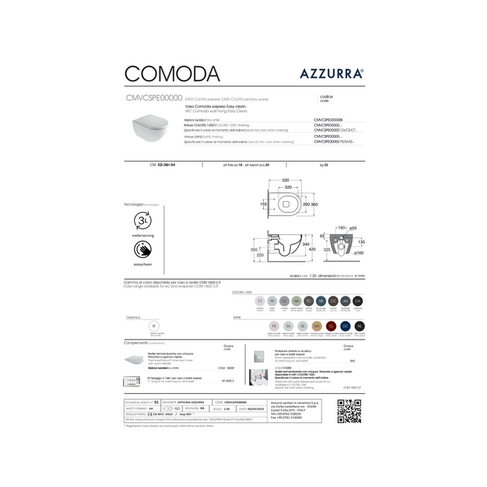 Wc Sospeso Senza Brida Azzurra Ceramica "Comoda" Bianco Lucido