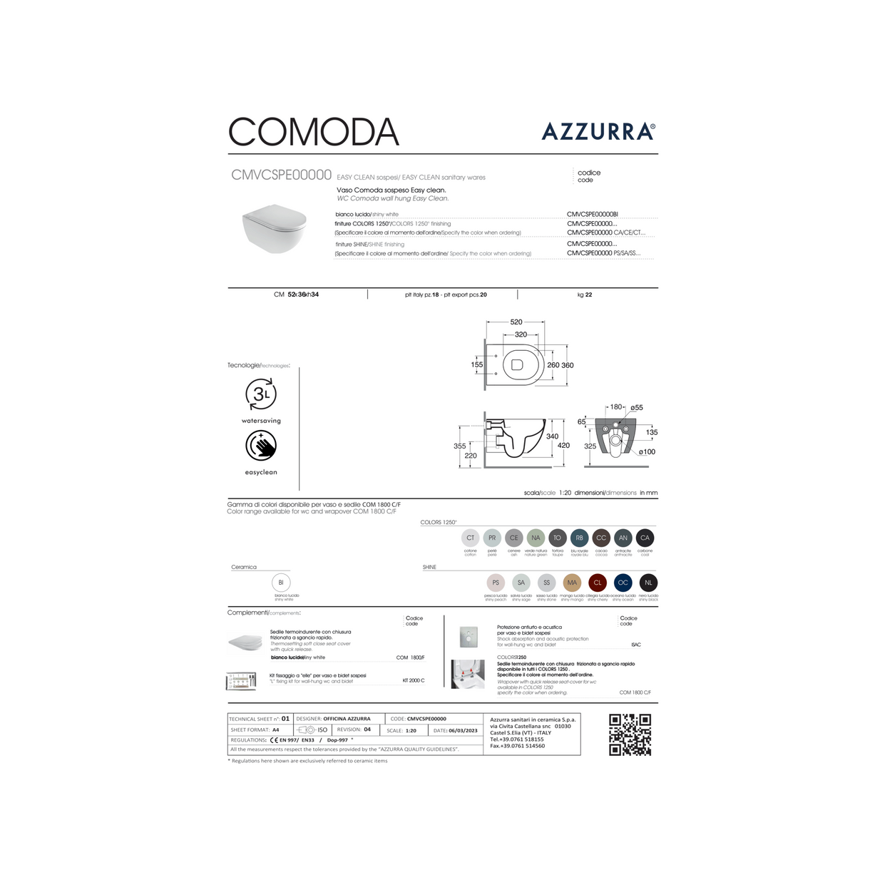 Wc Sospeso Senza Brida Azzurra Ceramica "Comoda" Nero Opaco