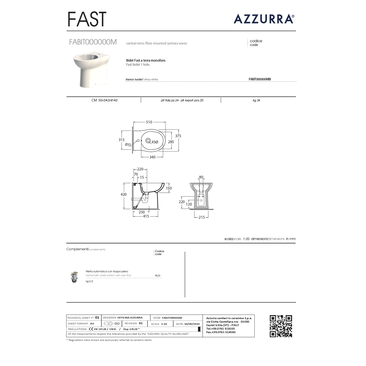 Bidet a Terra Azzurra Ceramica "Fast" Bianco Lucido