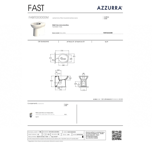 Bidet a Terra Azzurra Ceramica "Fast" Bianco Lucido