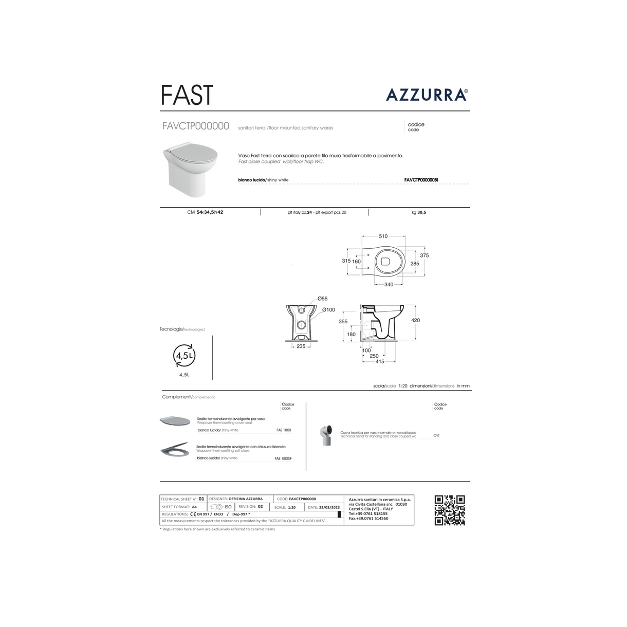 Coppia Di Sanitari Azzurra Ceramica Da Terra Filo Muro Bianco Lucido "Fast"