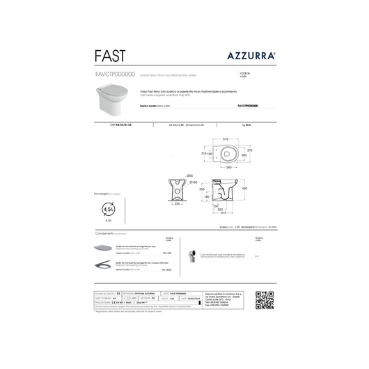 Coppia Di Sanitari Azzurra Ceramica Da Terra Filo Muro Bianco Lucido "Fast"