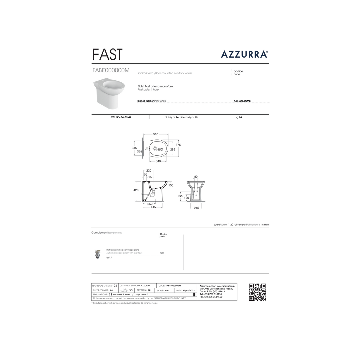 Coppia Di Sanitari Azzurra Ceramica Da Terra Filo Muro Bianco Lucido "Fast"