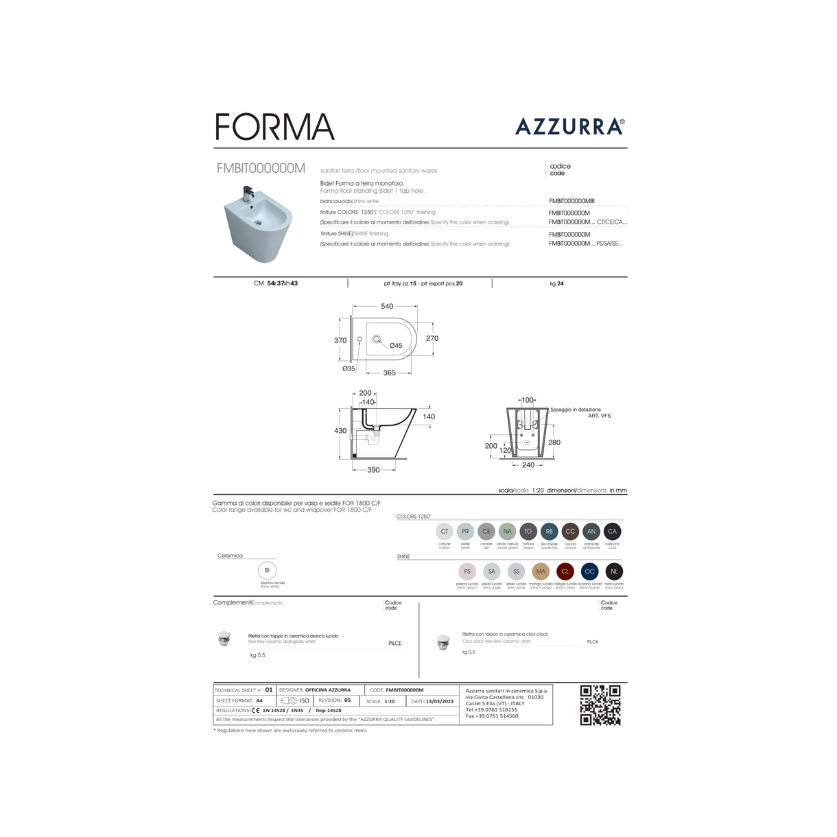 Coppia Di Sanitari Azzurra Ceramica Da Terra Filo Muro Senza Brida Bianco Lucido "Forma"