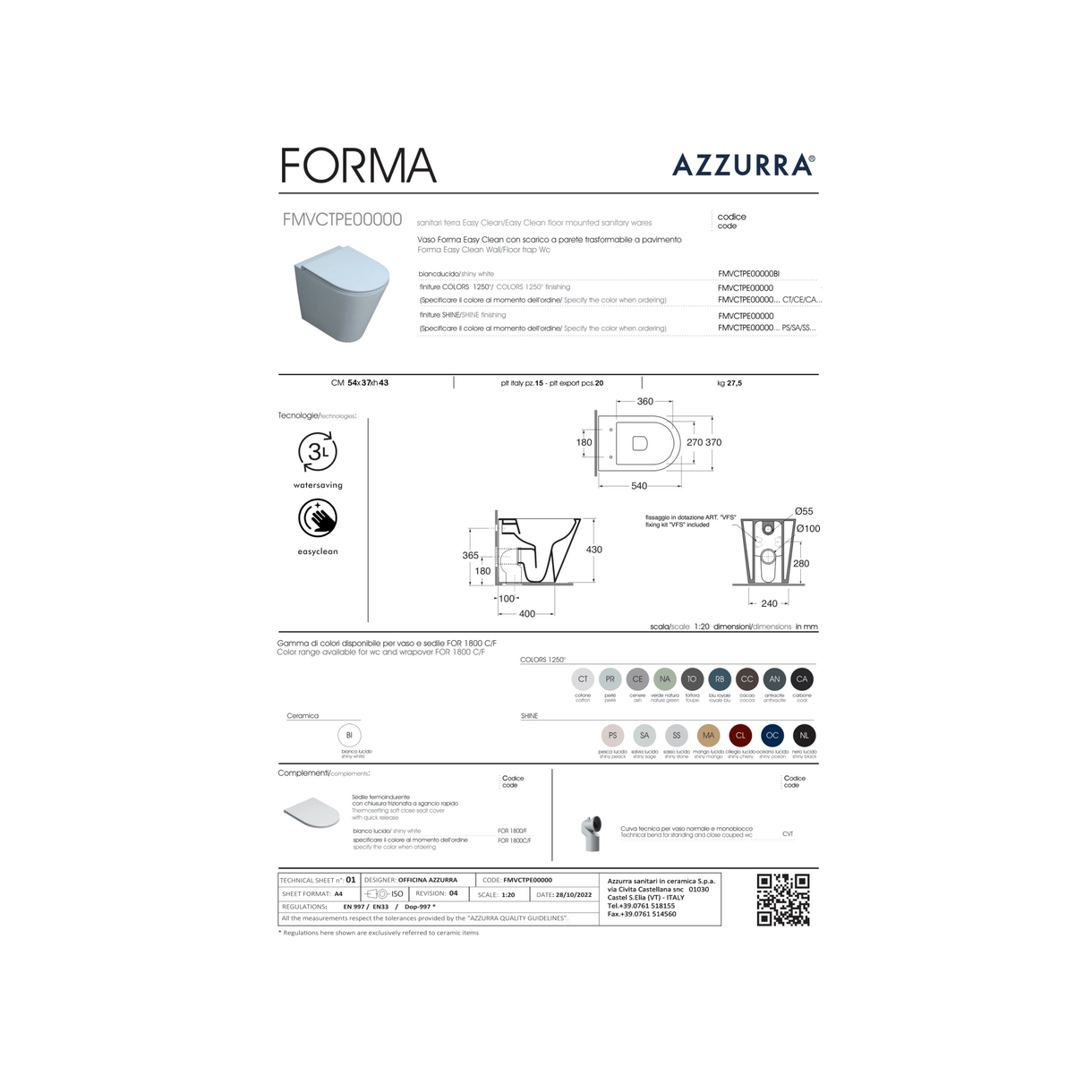 Coppia Di Sanitari Azzurra Ceramica Da Terra Filo Muro Senza Brida Bianco Lucido "Forma"
