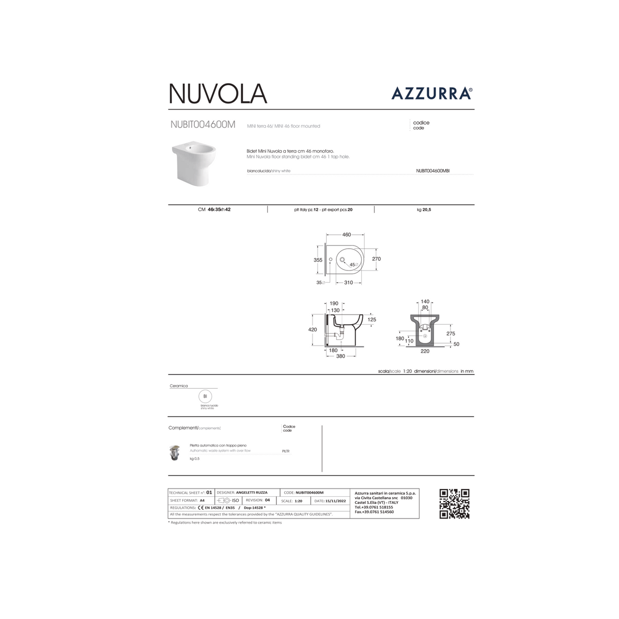 Bidet a Terra Azzurra Ceramica "Mini Nuvola" Bianco Lucido