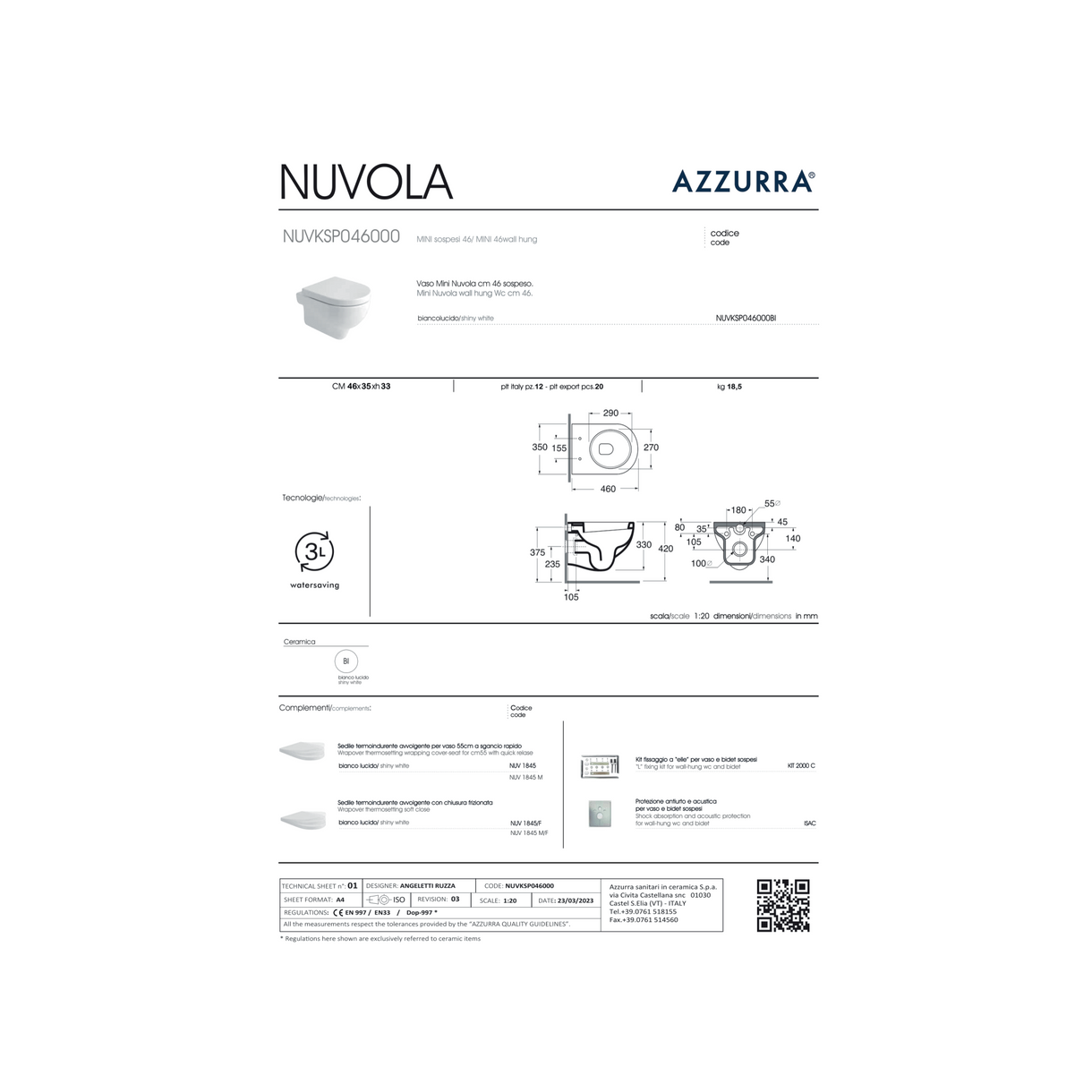 Coppia Di Sanitari Azzurra Ceramica Sospesi Bianco Lucido "Mini Nuvola"