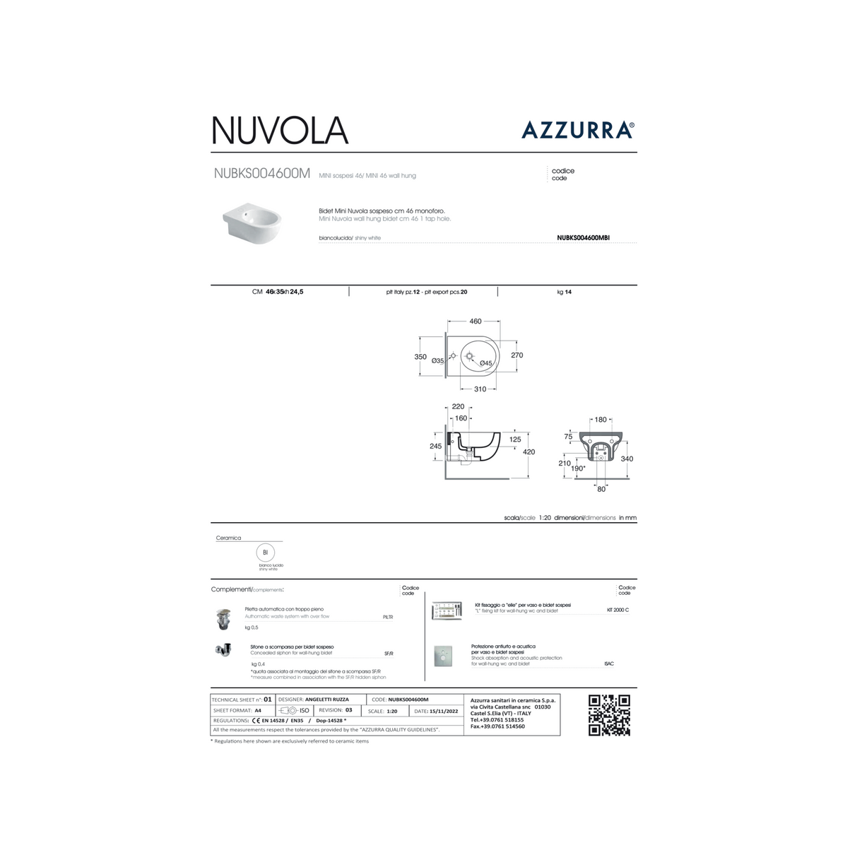 Coppia Di Sanitari Azzurra Ceramica Sospesi Bianco Lucido "Mini Nuvola"