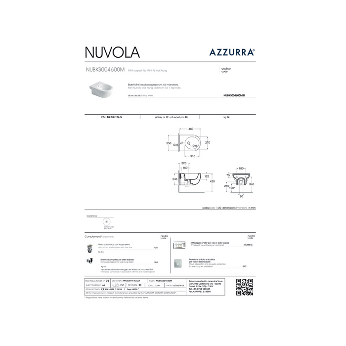 Coppia Di Sanitari Azzurra Ceramica Sospesi Bianco Lucido "Mini Nuvola"