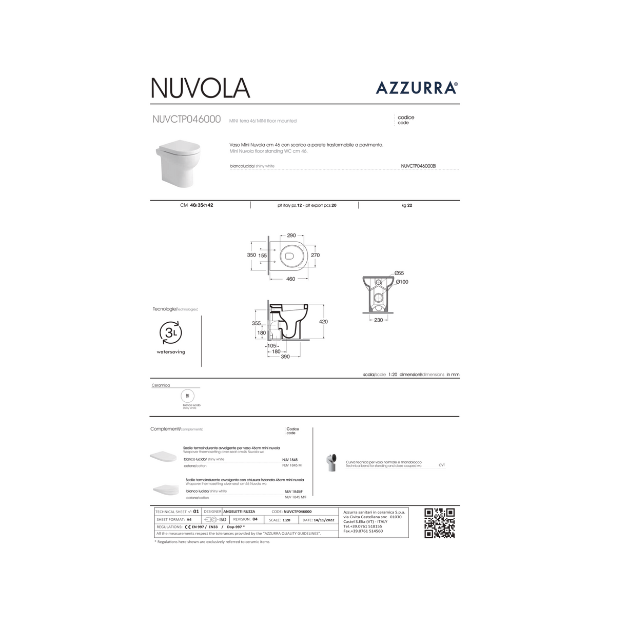 Wc a Terra Azzurra Ceramica "Mini Nuvola" Bianco Lucido