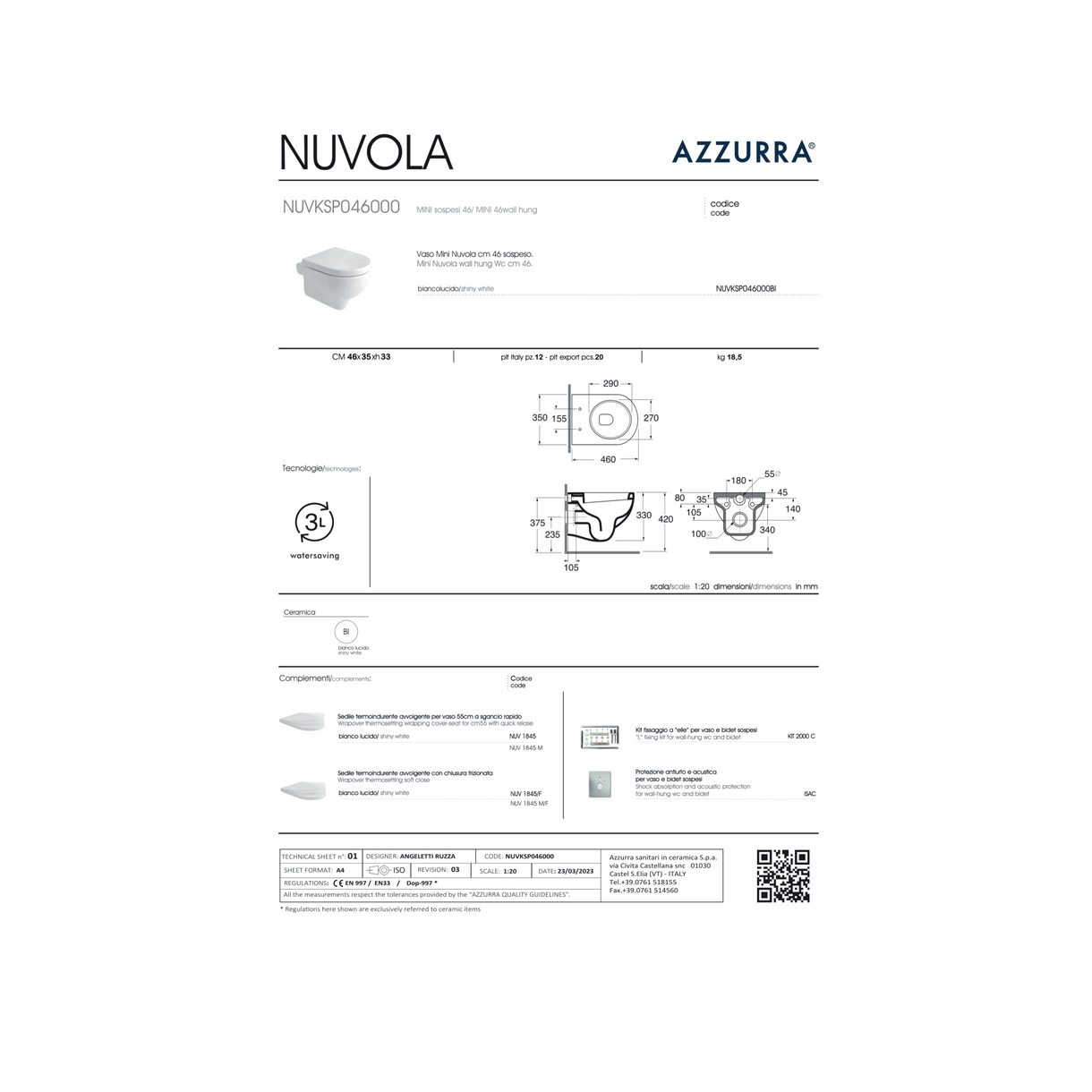 Wc Sospeso Senza Brida Azzurra Ceramica "Nuvola" Bianco Lucido