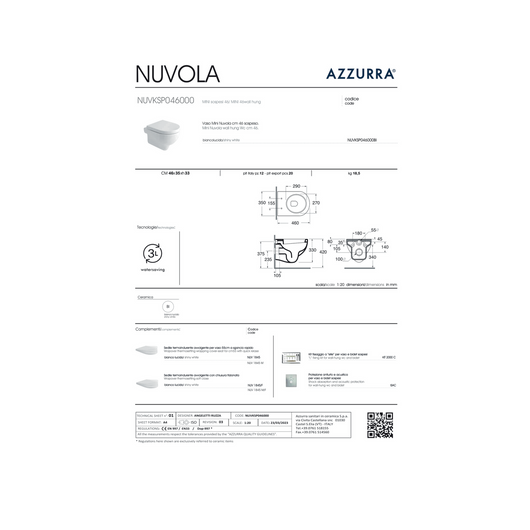 Wc Sospeso Senza Brida Azzurra Ceramica "Nuvola" Bianco Lucido