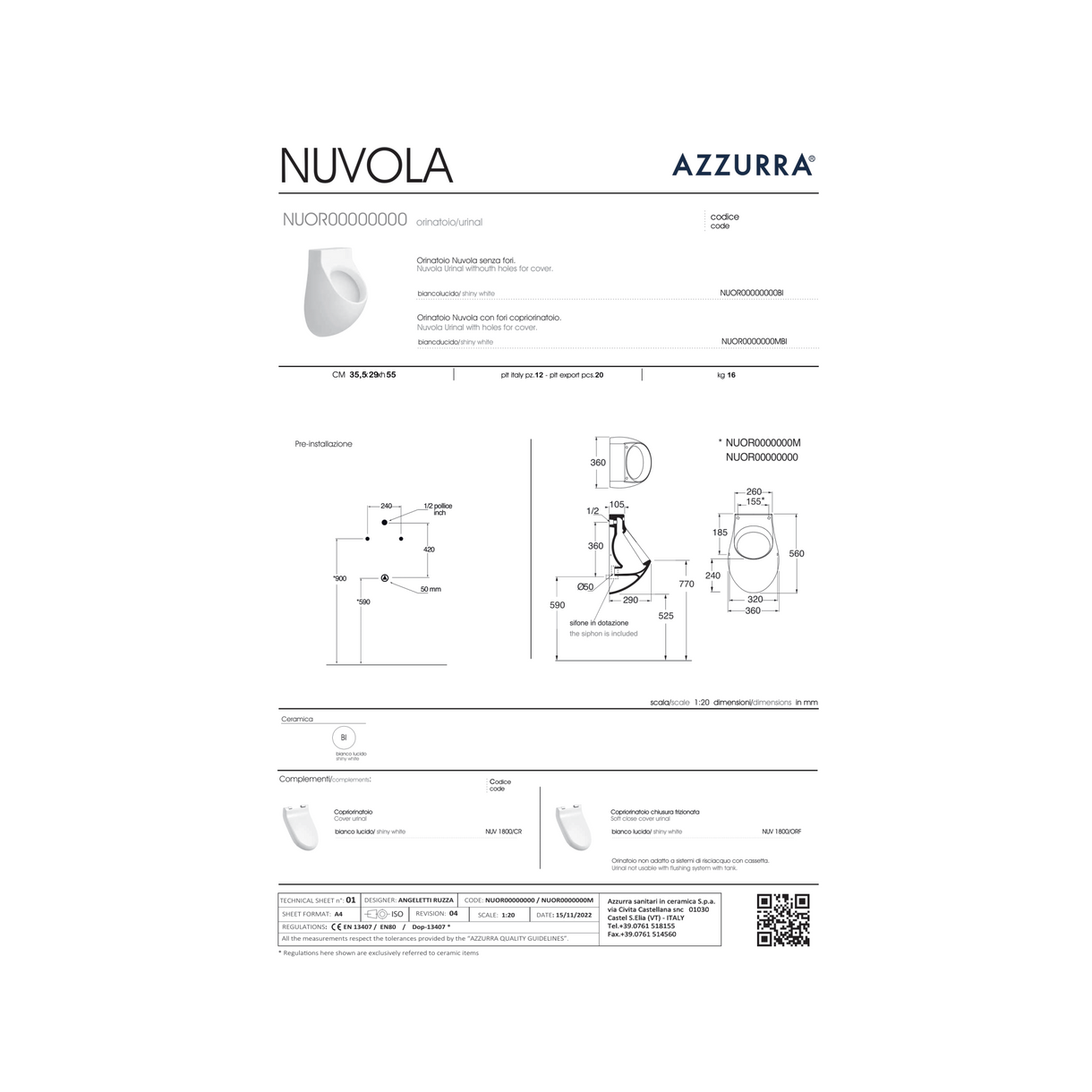 Orinatoio Sospeso Con Scarico a Parete Azzurra Ceramica "Nuvola" Bianco Lucido
