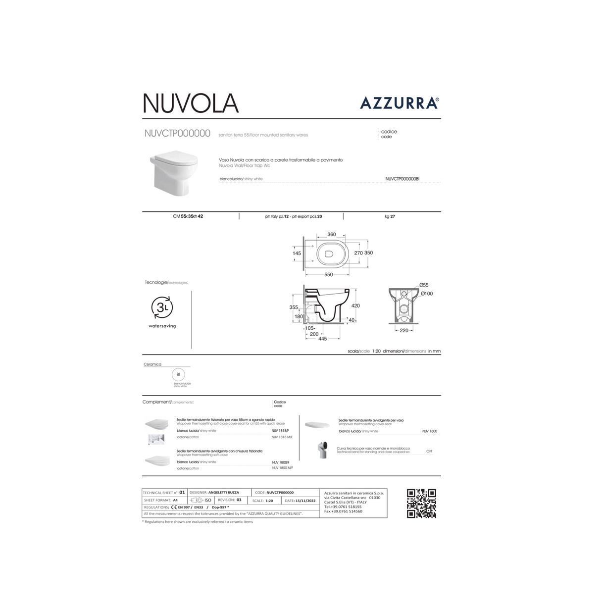 Wc a Terra Azzurra Ceramica "Nuvola" Bianco Lucido