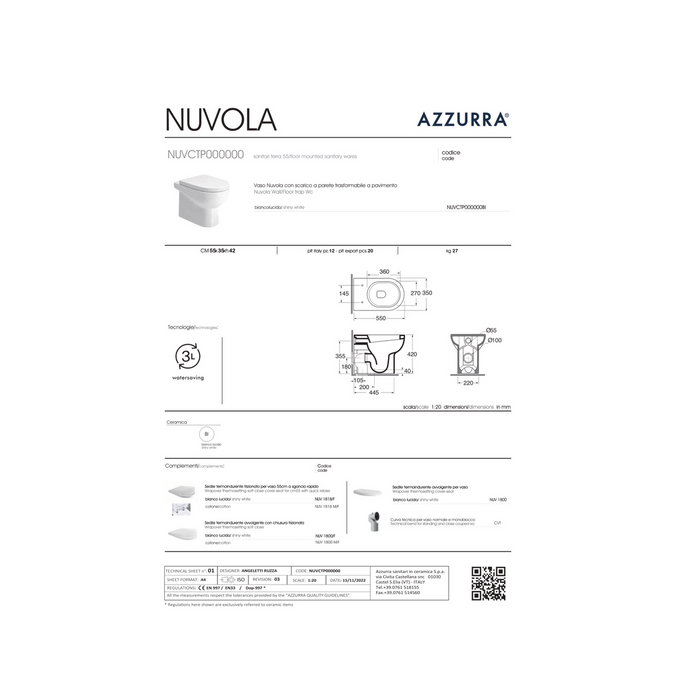 Wc a Terra Azzurra Ceramica "Nuvola" Bianco Lucido