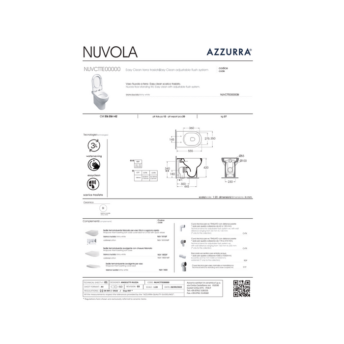 Wc a Terra Senza Brida Azzurra Ceramica "Nuvola" Bianco Lucido