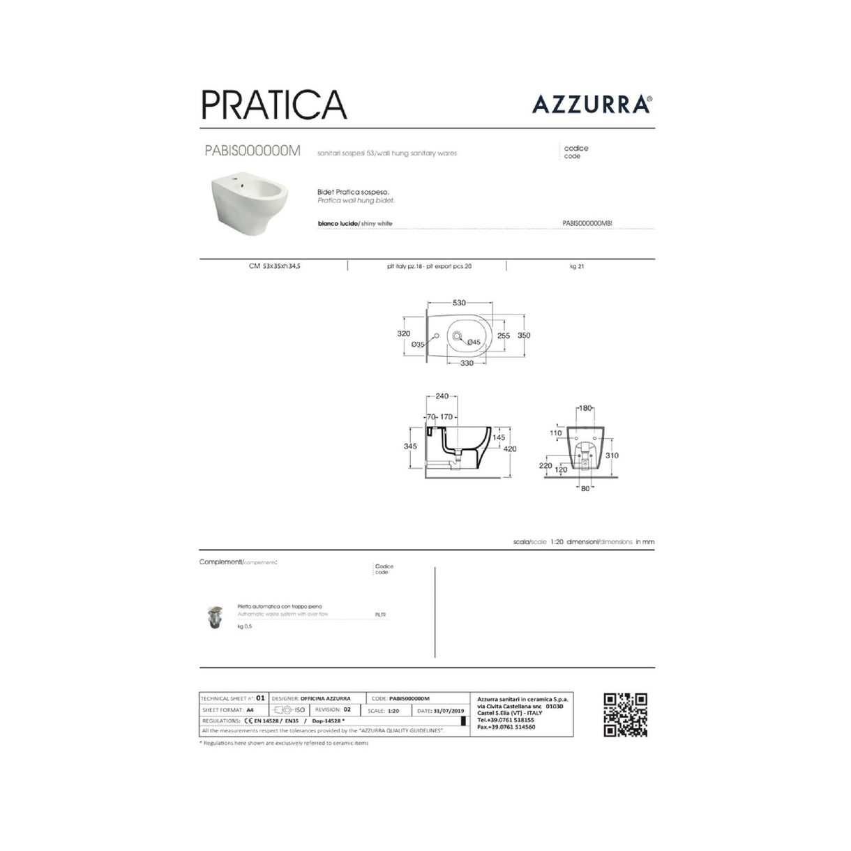 Bidet Sospeso Azzurra Ceramica "Pratica" Bianco Lucido