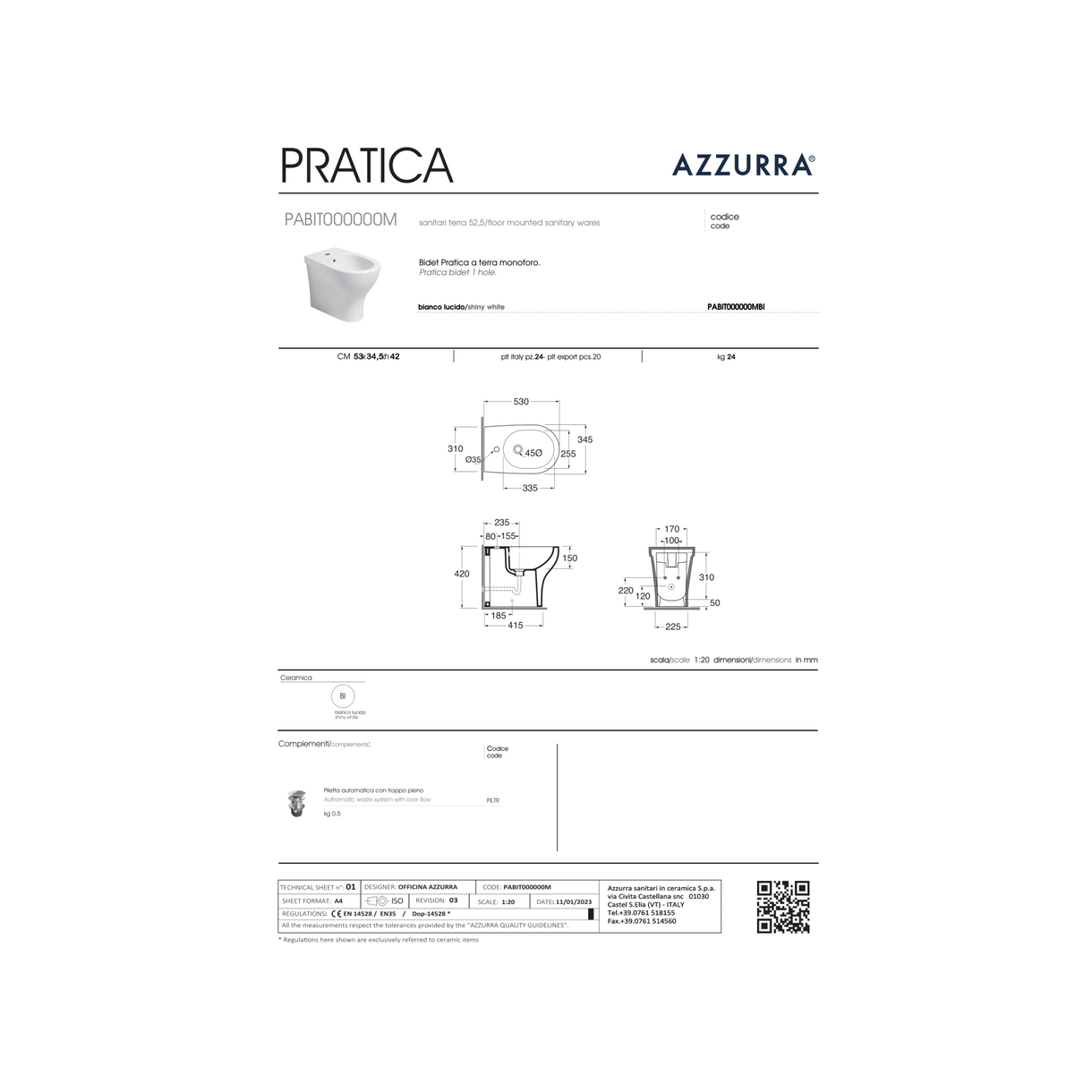 Coppia Di Sanitari Azzurra Ceramica Da Terra Filo Muro Senza Brida Bianco Lucido "Pratica"