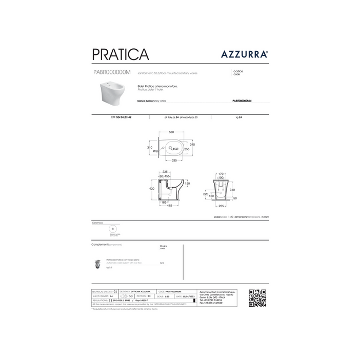 Coppia Di Sanitari Azzurra Ceramica Da Terra Filo Muro Senza Brida Bianco Lucido "Pratica"