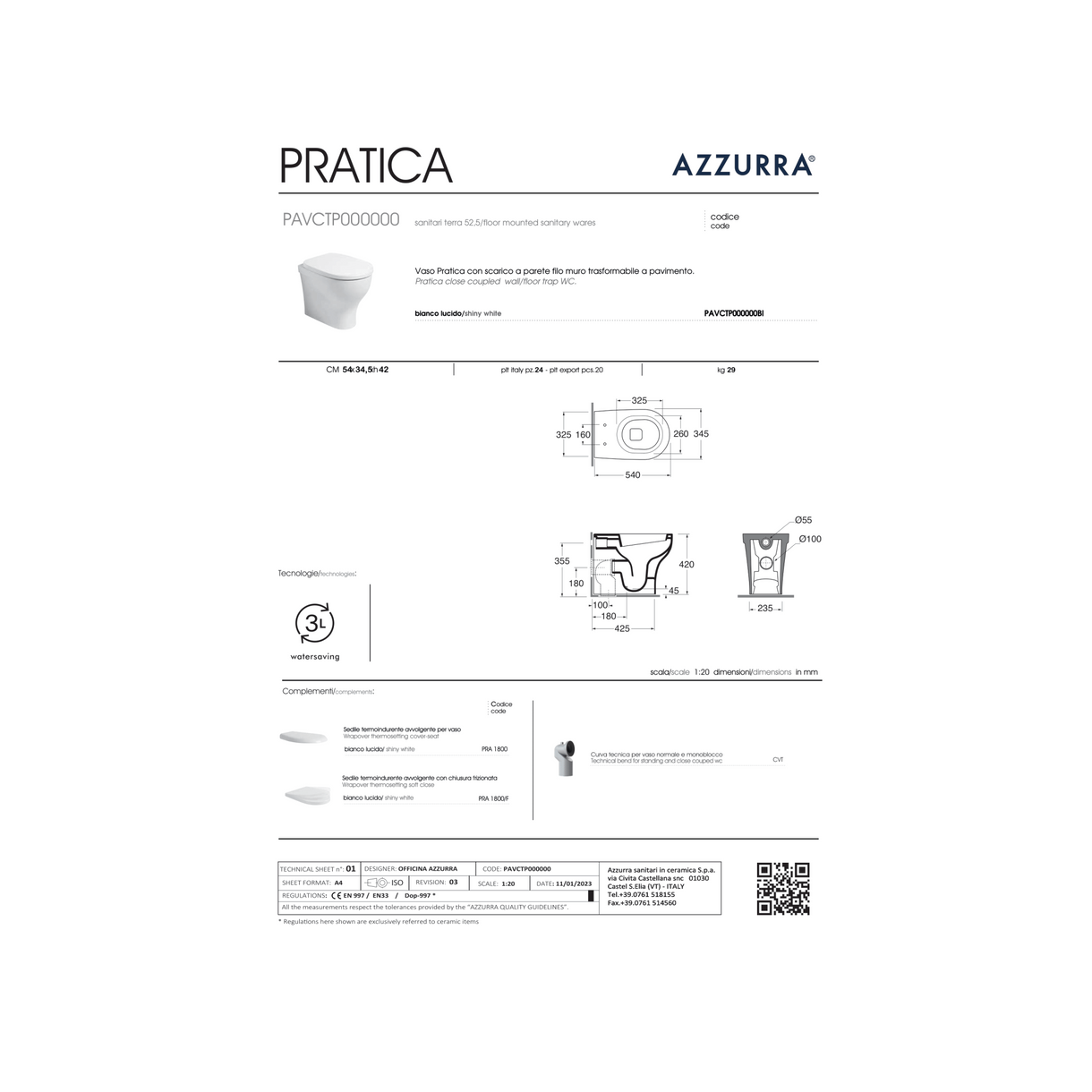 Coppia Di Sanitari Azzurra Ceramica Da Terra Filo Muro Senza Brida Bianco Lucido "Pratica"