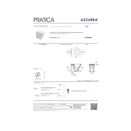 Coppia Di Sanitari Azzurra Ceramica Da Terra Filo Muro Senza Brida Bianco Lucido "Pratica"