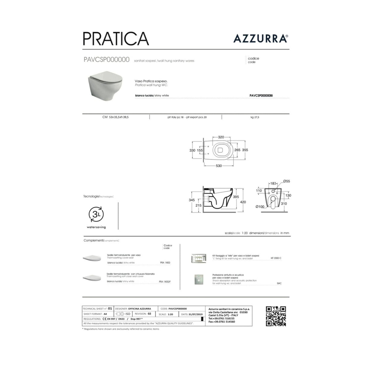 Wc Sospeso Azzurra Ceramica "Pratica" Bianco Lucido