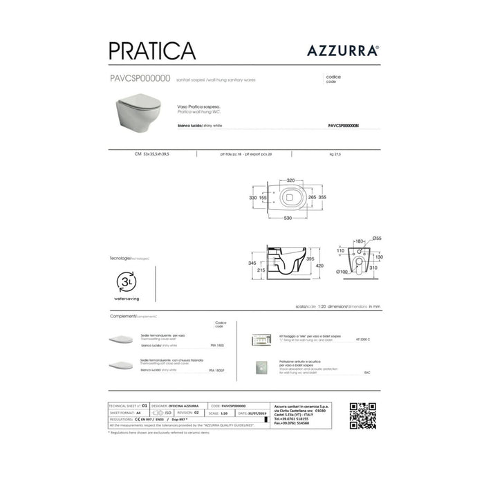 Wc Sospeso Azzurra Ceramica "Pratica" Bianco Lucido