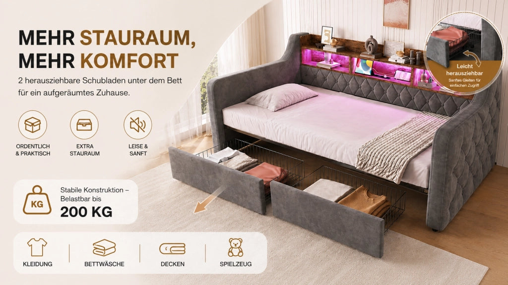Letto imbottito con contenitore e LED, testiera con ripiano e ricarica, 2 cassetti, velluto dark gray 90 × 190 cm