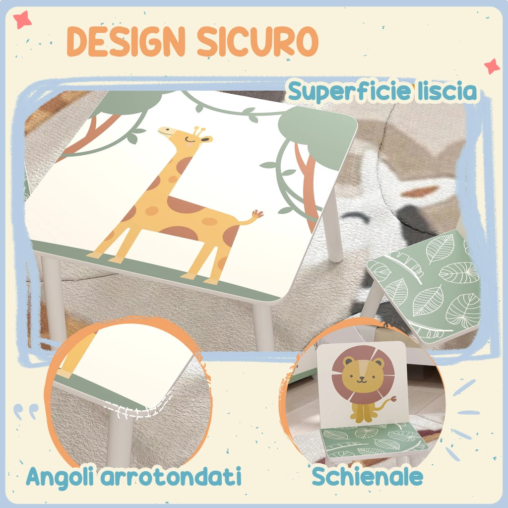 Set Tavolino e 2 Sedie per Bambini 3-8 Anni in MDF Fantasia con Animali Verde